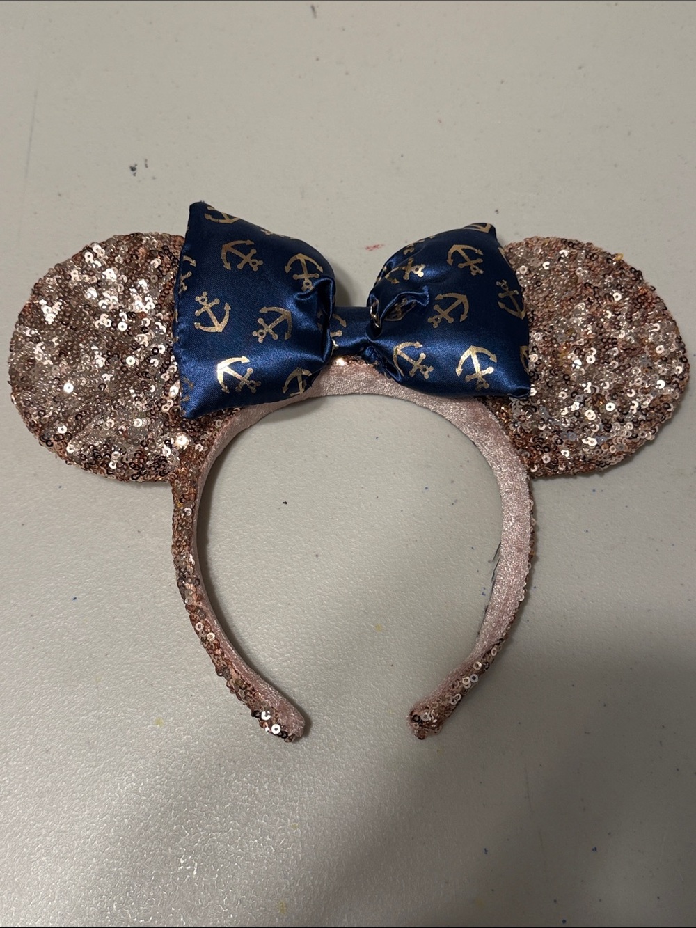 Disney Rose Gold Sequin Minnie Ears Headband with Navy Anchor Bow